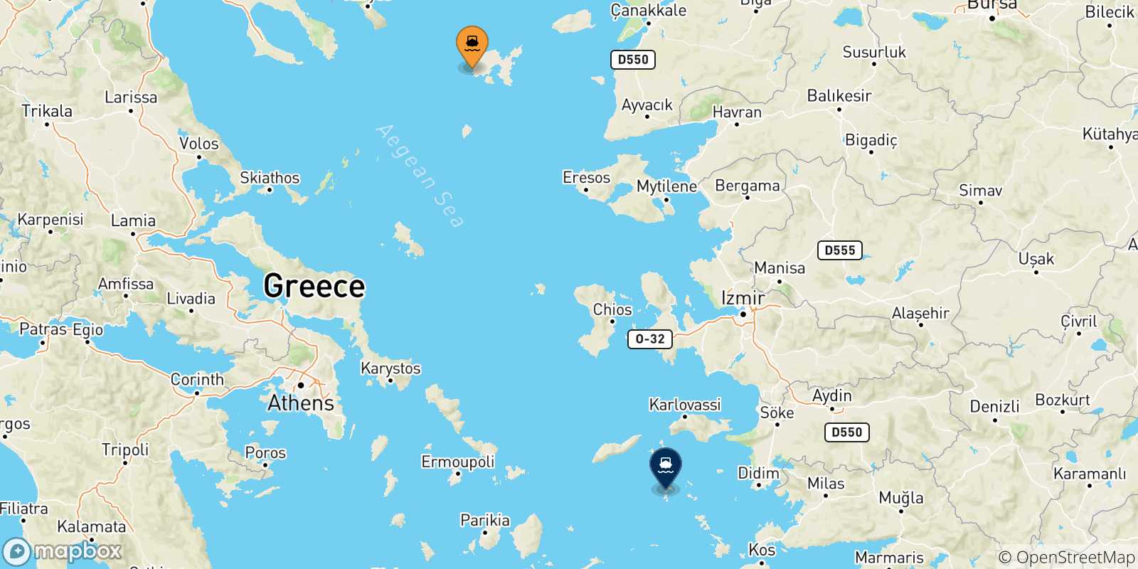 Carte des traversées possibles entre Myrina (Limnos) et Îles Du Dodécanèse