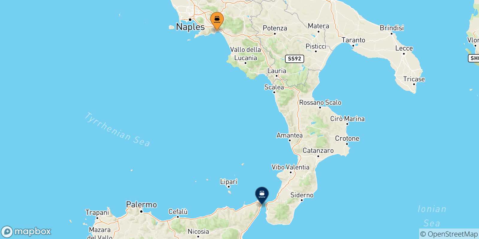 Carte des traversées possibles entre l'Italie et Messine