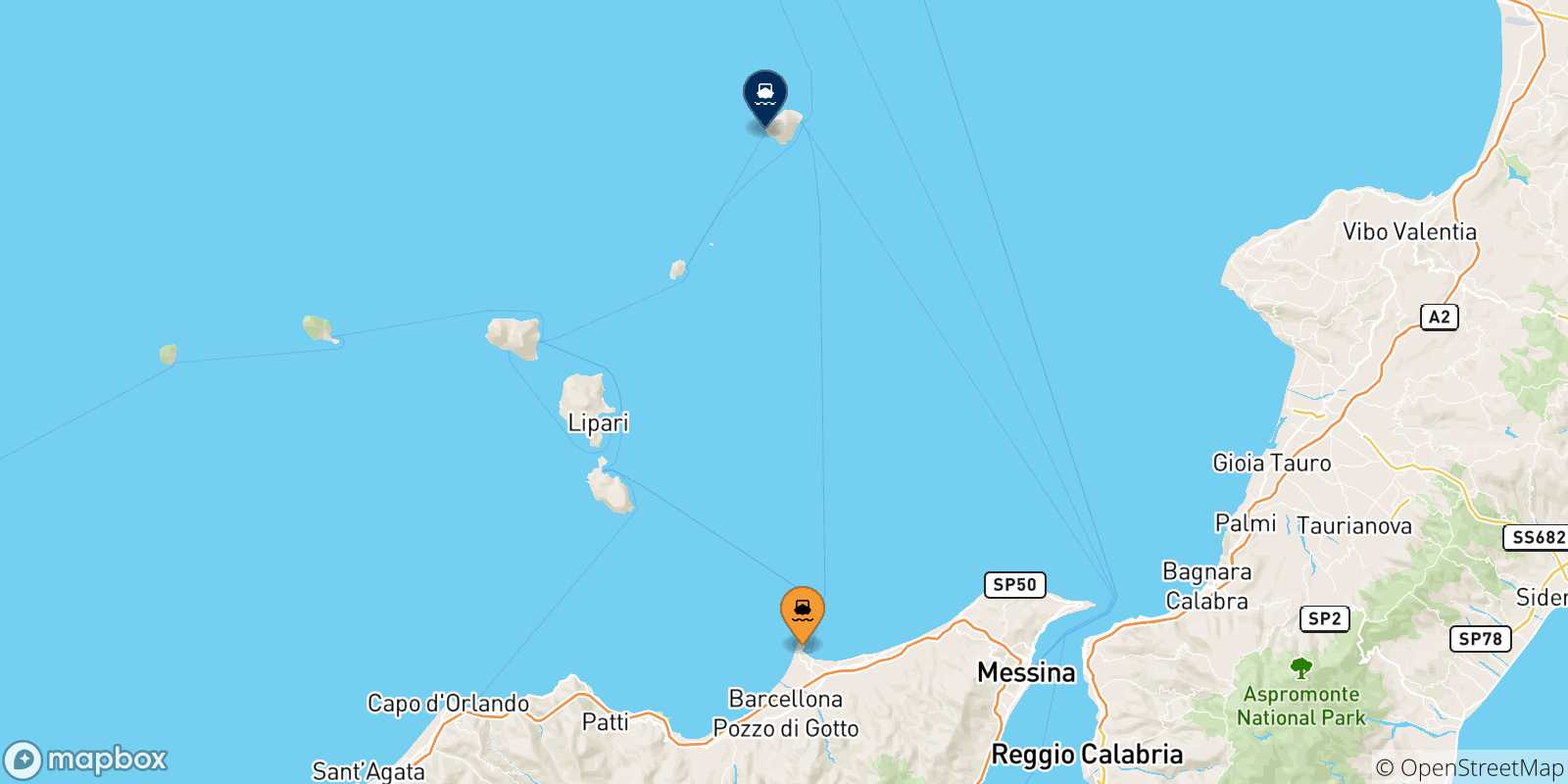 Carte des traversées possibles entre la Sicile et Ginostra (Stromboli)