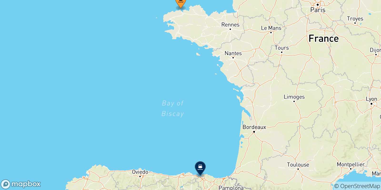 Carte des traversées possibles entre la France et Bilbao