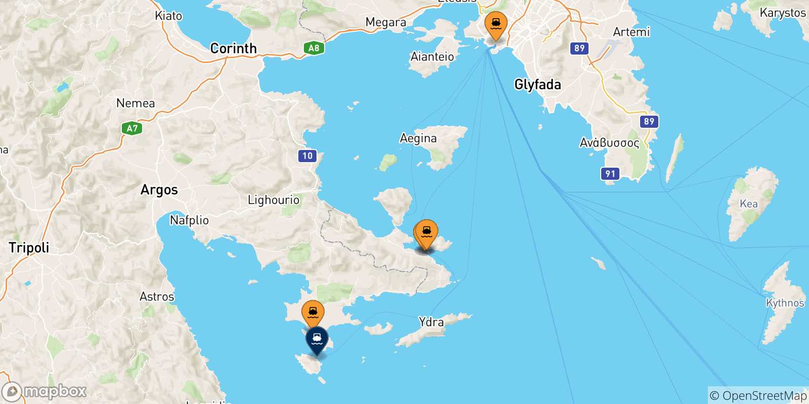 Carte des traversées possibles entre la Grèce et Spetses