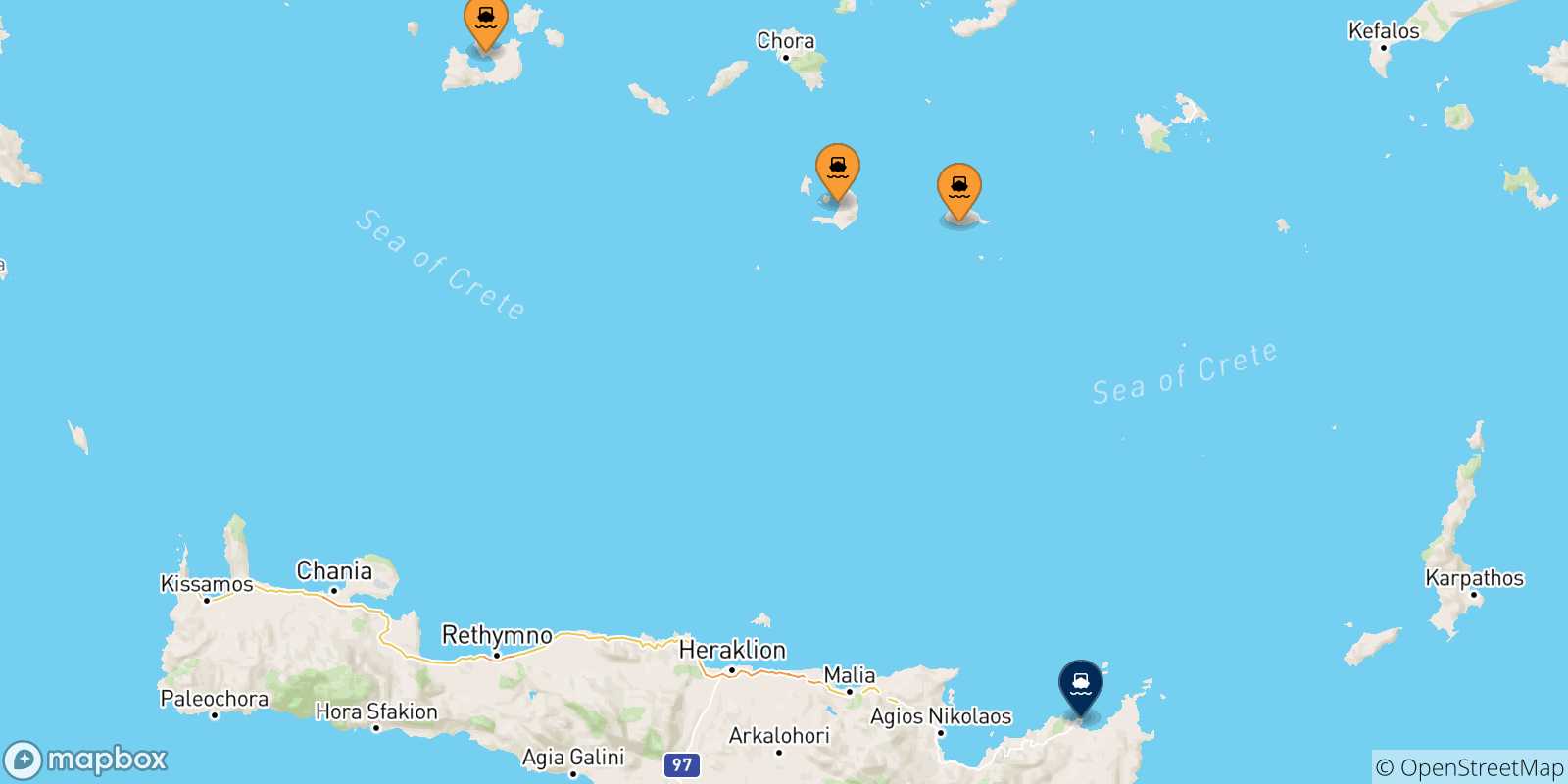 Carte des traversées possibles entre Îles Des Cyclades et Sitia
