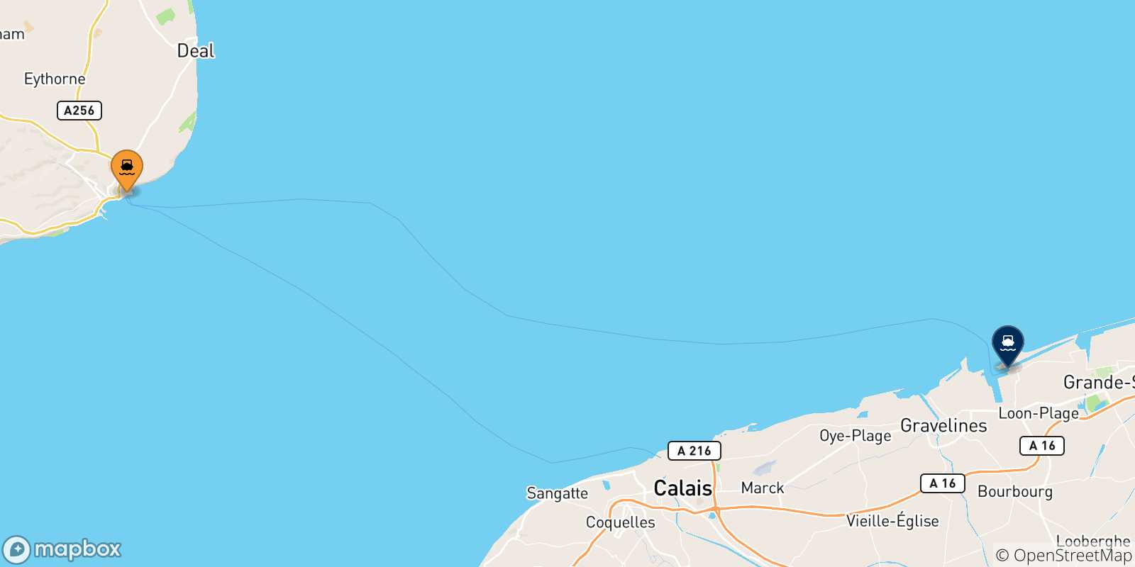 Carte des traversées possibles entre l'Angleterre et Dunkerque