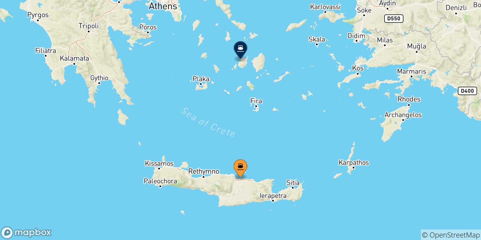 Carte des traversées possibles entre la Crète et Paros