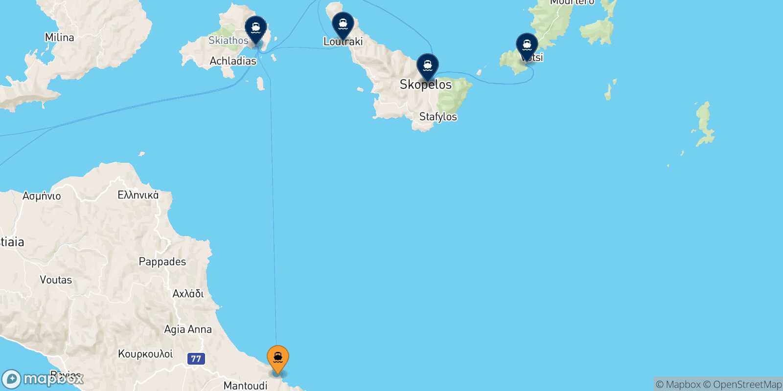 Carte des destinations de Mantoudi (Evia)