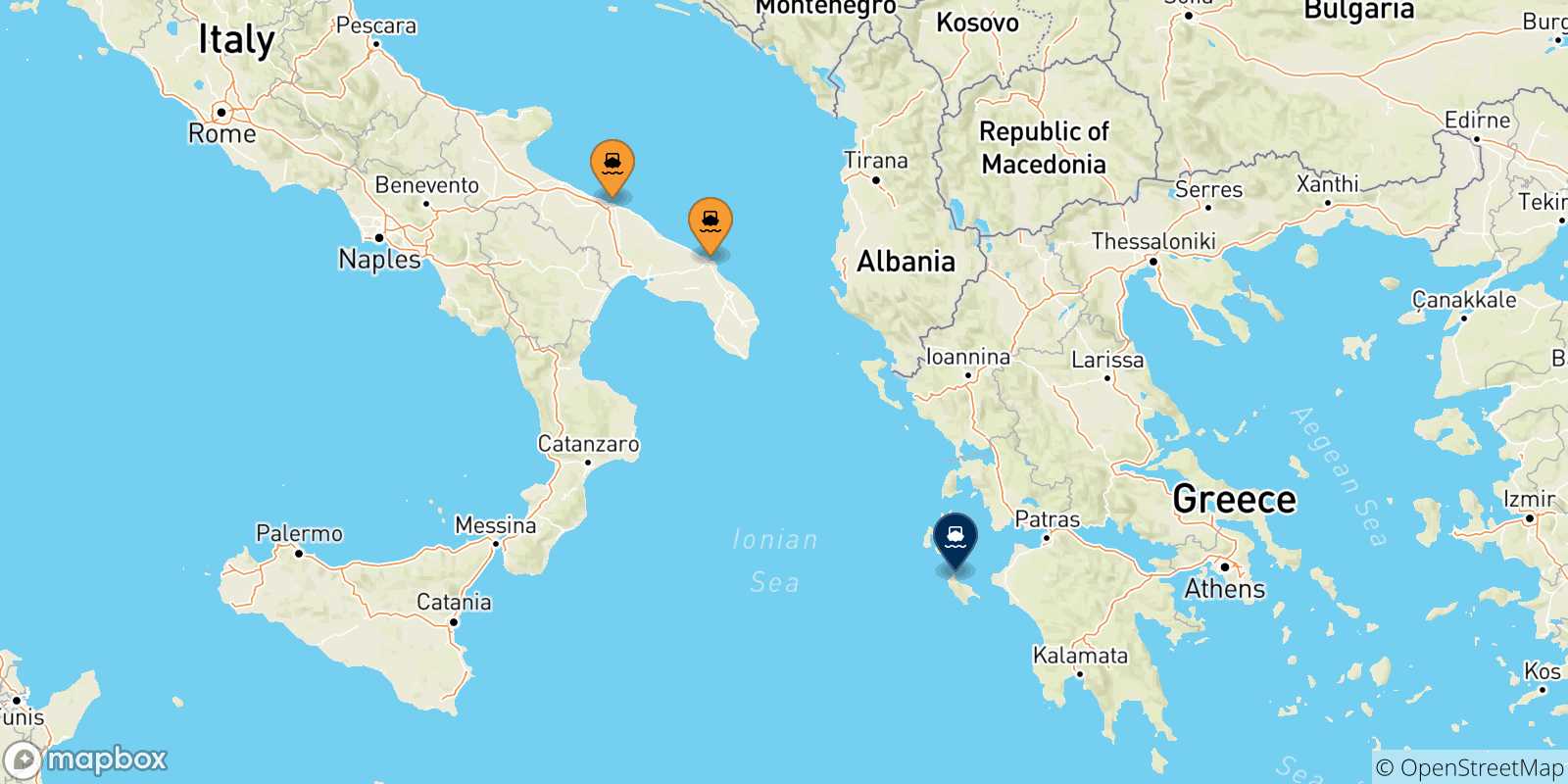 Carte des traversées possibles entre l'Italie et Zakynthos