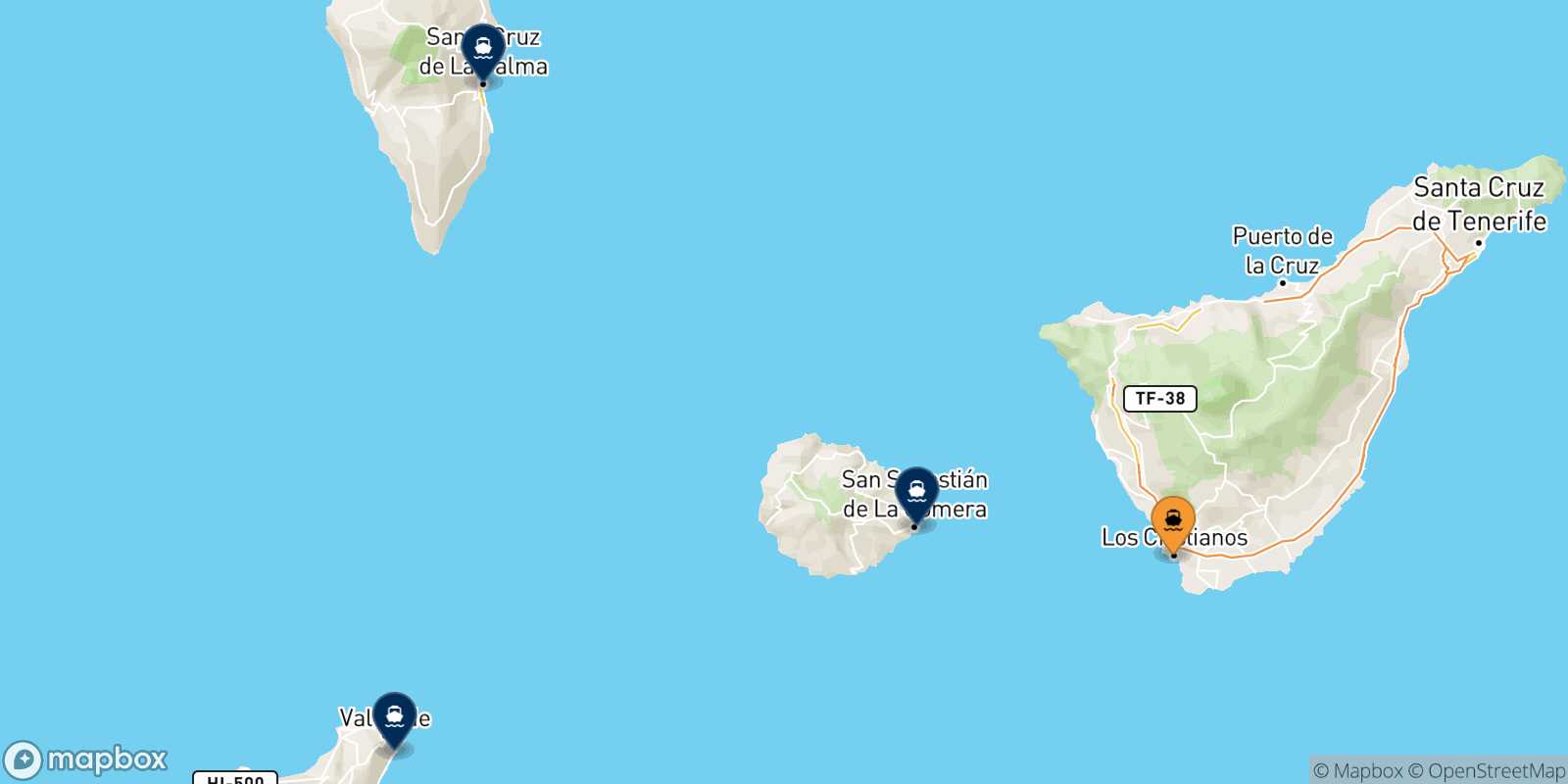 Carte des destinations de Los Cristianos (Tenerife)