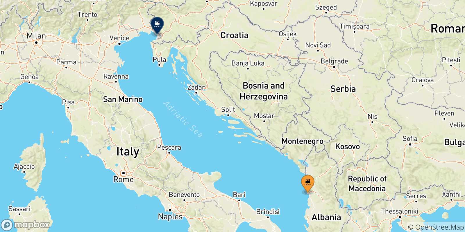 Carte des traversées possibles entre l'Albanie et Trieste