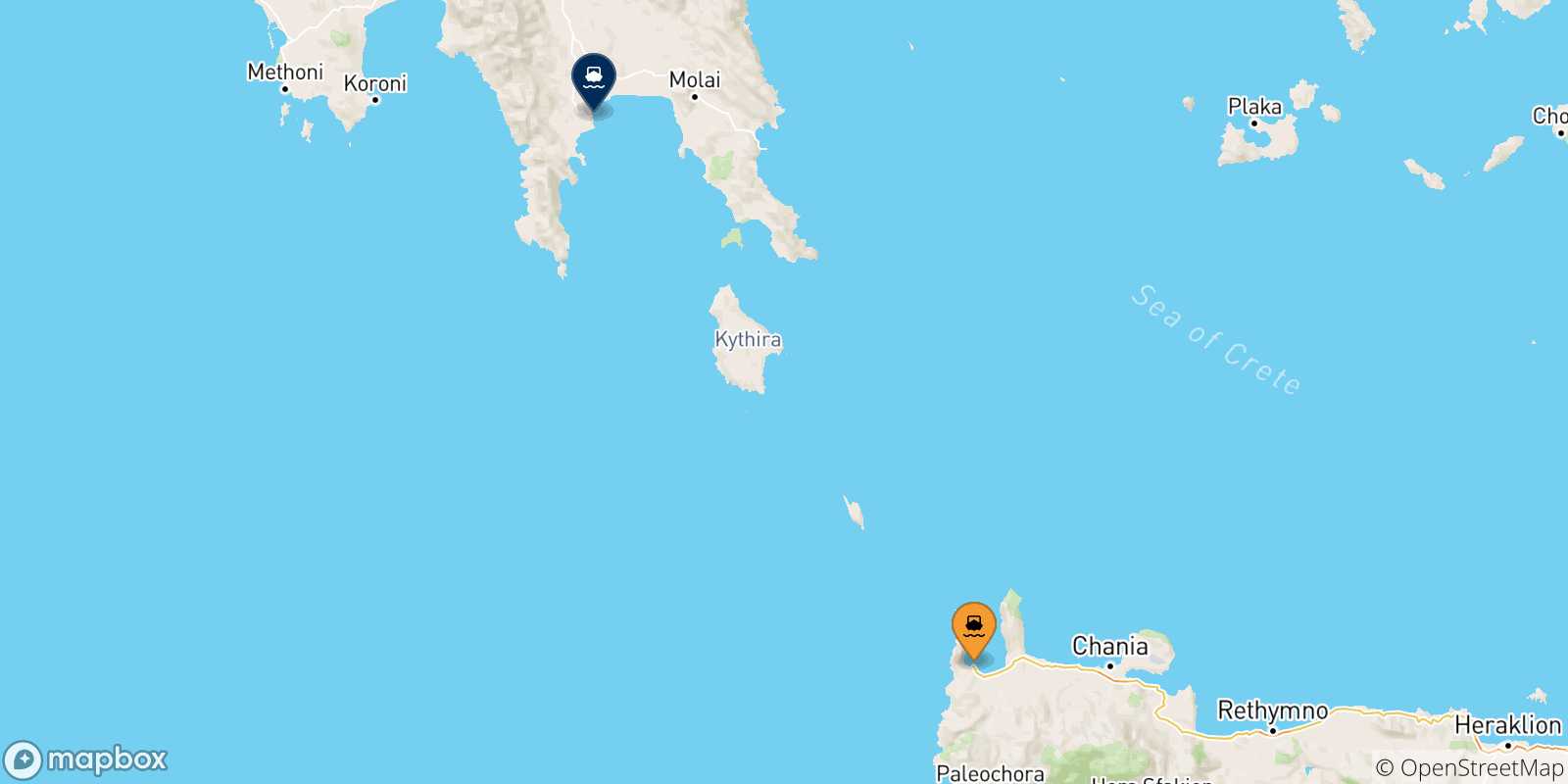 Carte des traversées possibles entre la Crète et Gythio