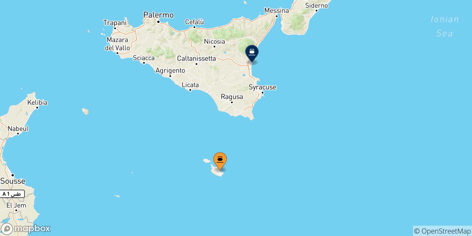 Carte des traversées possibles entre Malte et Catane