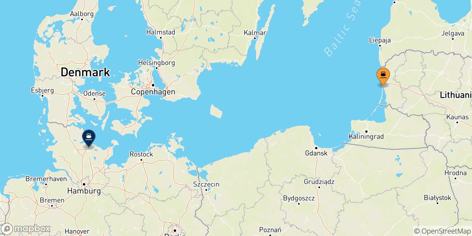 Carte des traversées possibles entre la Lituanie et l'Allemagne