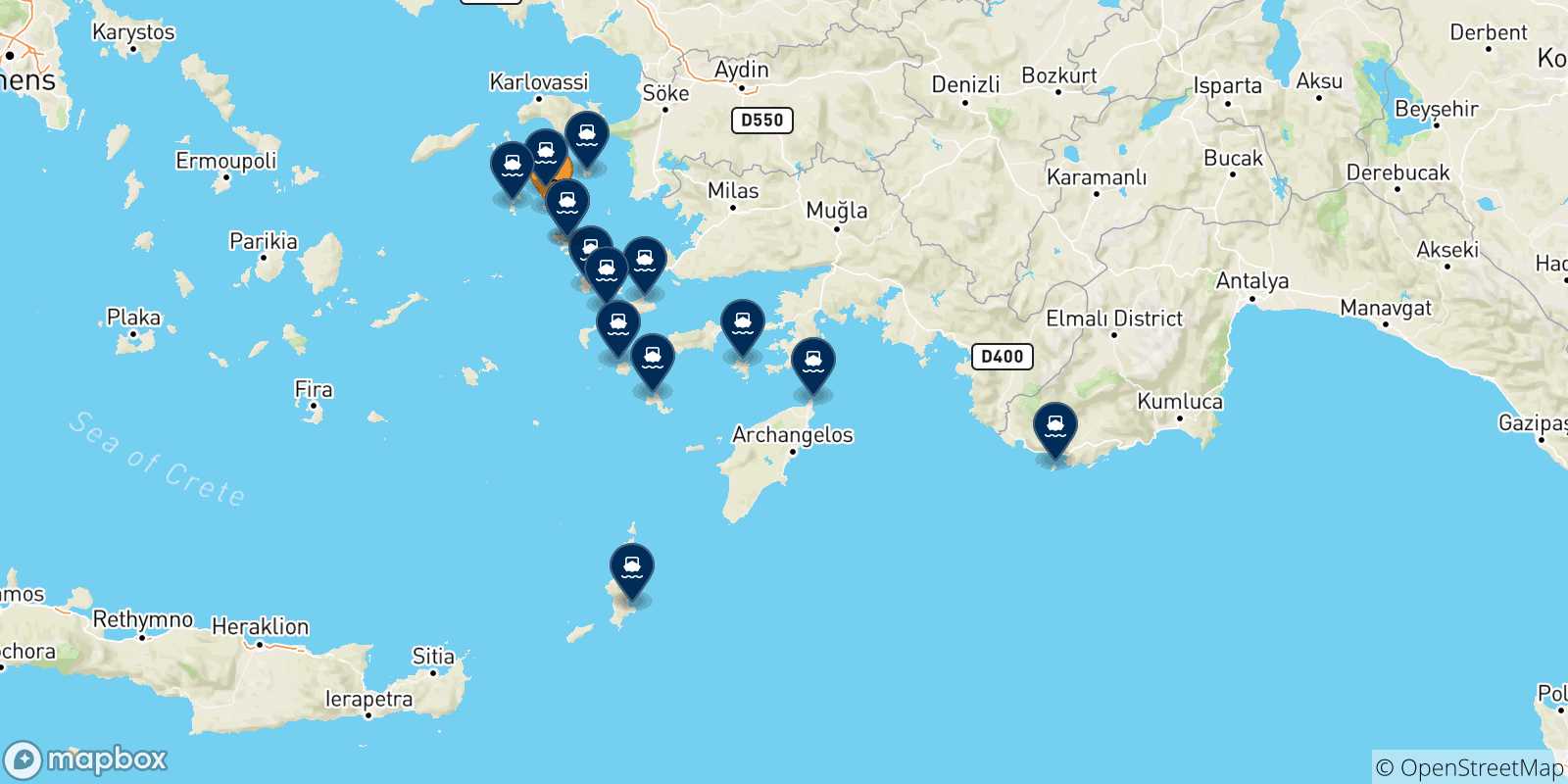 Carte des traversées possibles entre Lipsi et Îles Du Dodécanèse