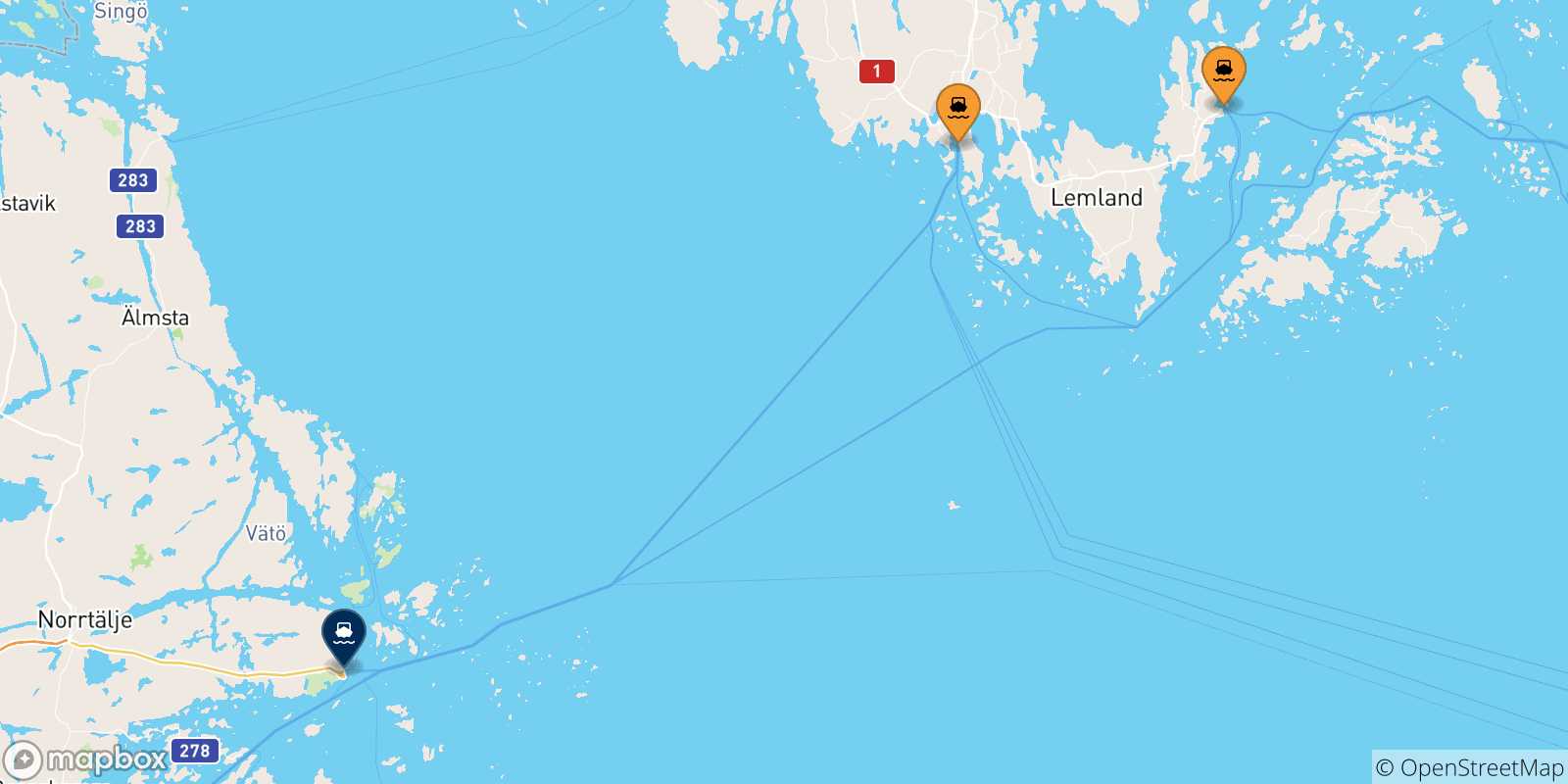 Carte des traversées possibles entre les Îles Aland et Kapellskär
