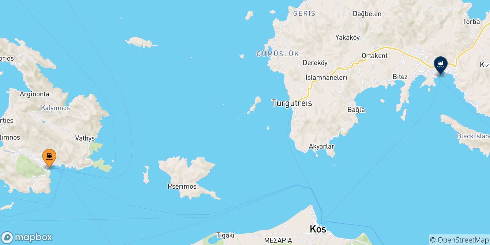 Carte des traversées possibles entre Kalymnos et la Turquie