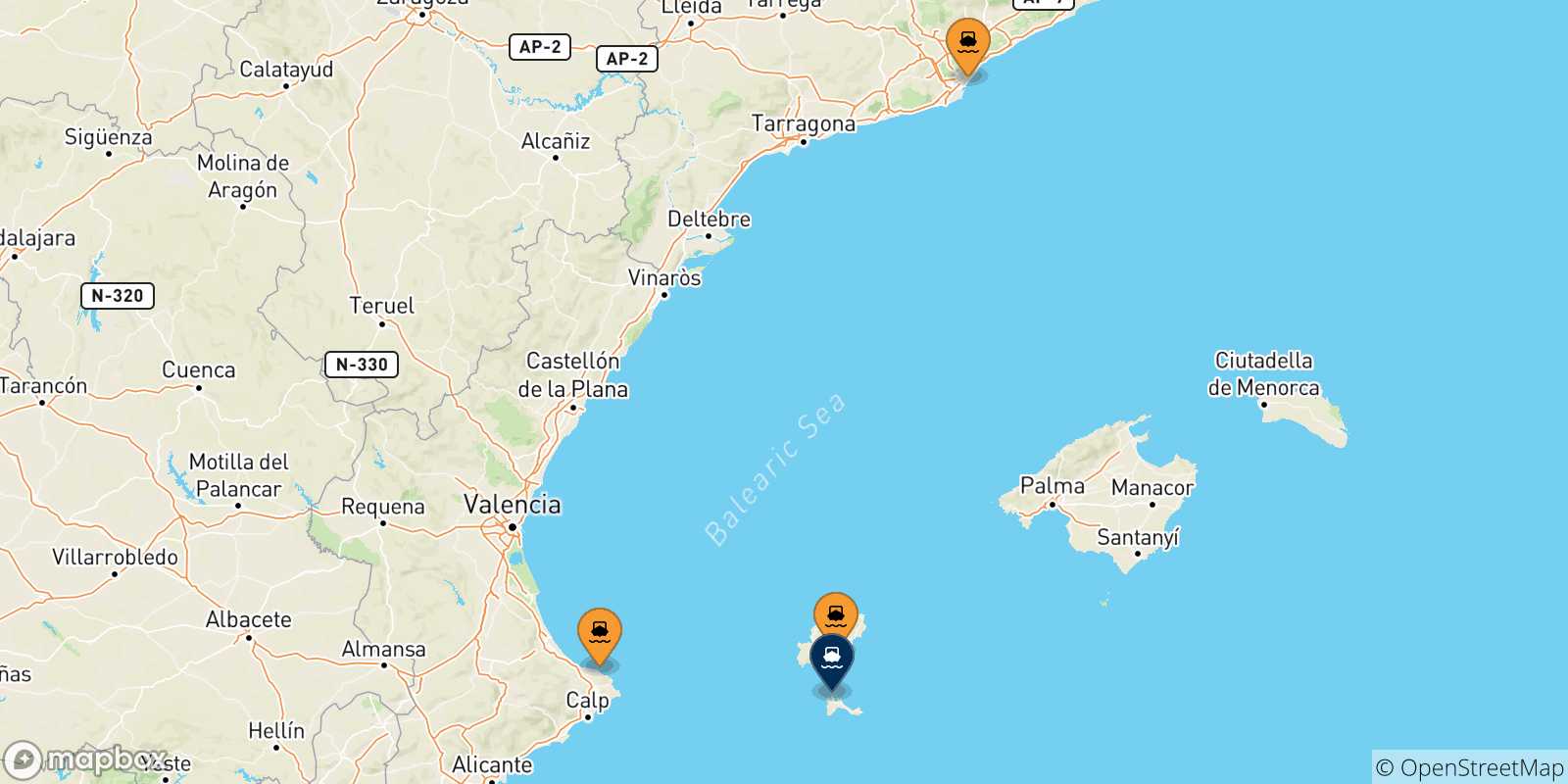Carte des traversées possibles entre l'Espagne et Formentera