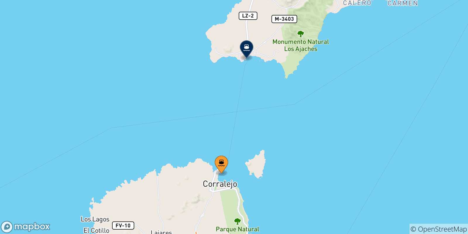 Carte des traversées possibles entre Corralejo (Fuerteventura) et l'Espagne