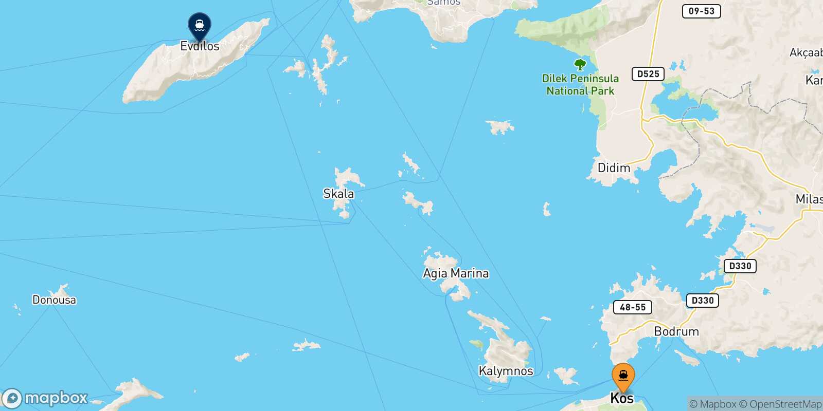 Carte des traverséesKos Evdilos (Ikaria)