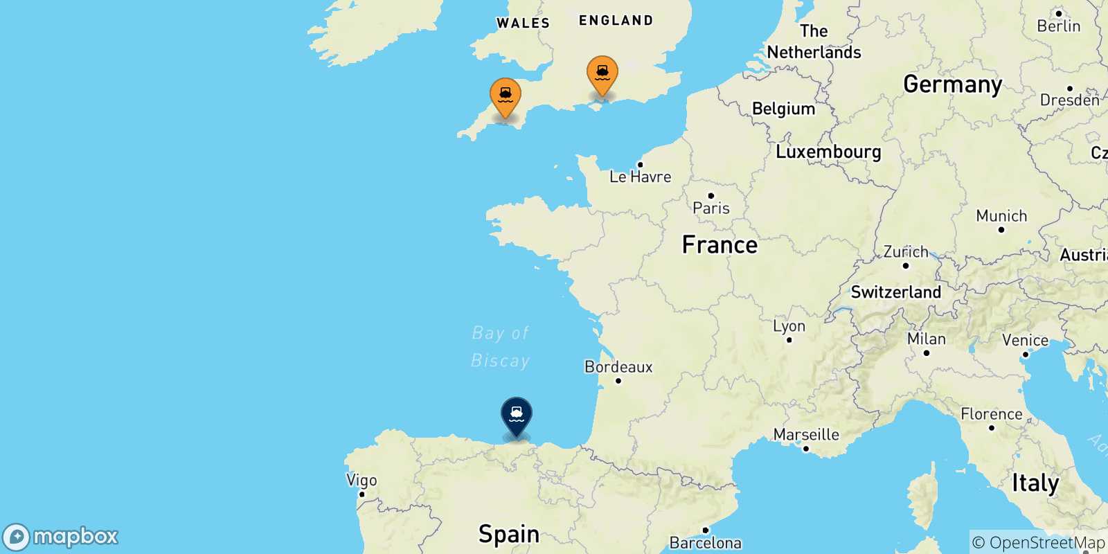 Carte des traversées possibles entre le Royaume-uni et Santander