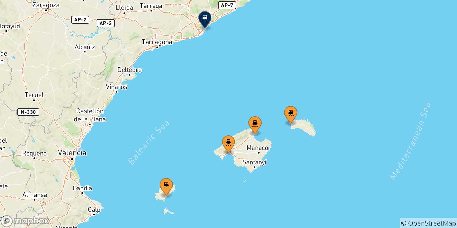 Carte des traversées possibles entre les Îles Baléares et Barcelone