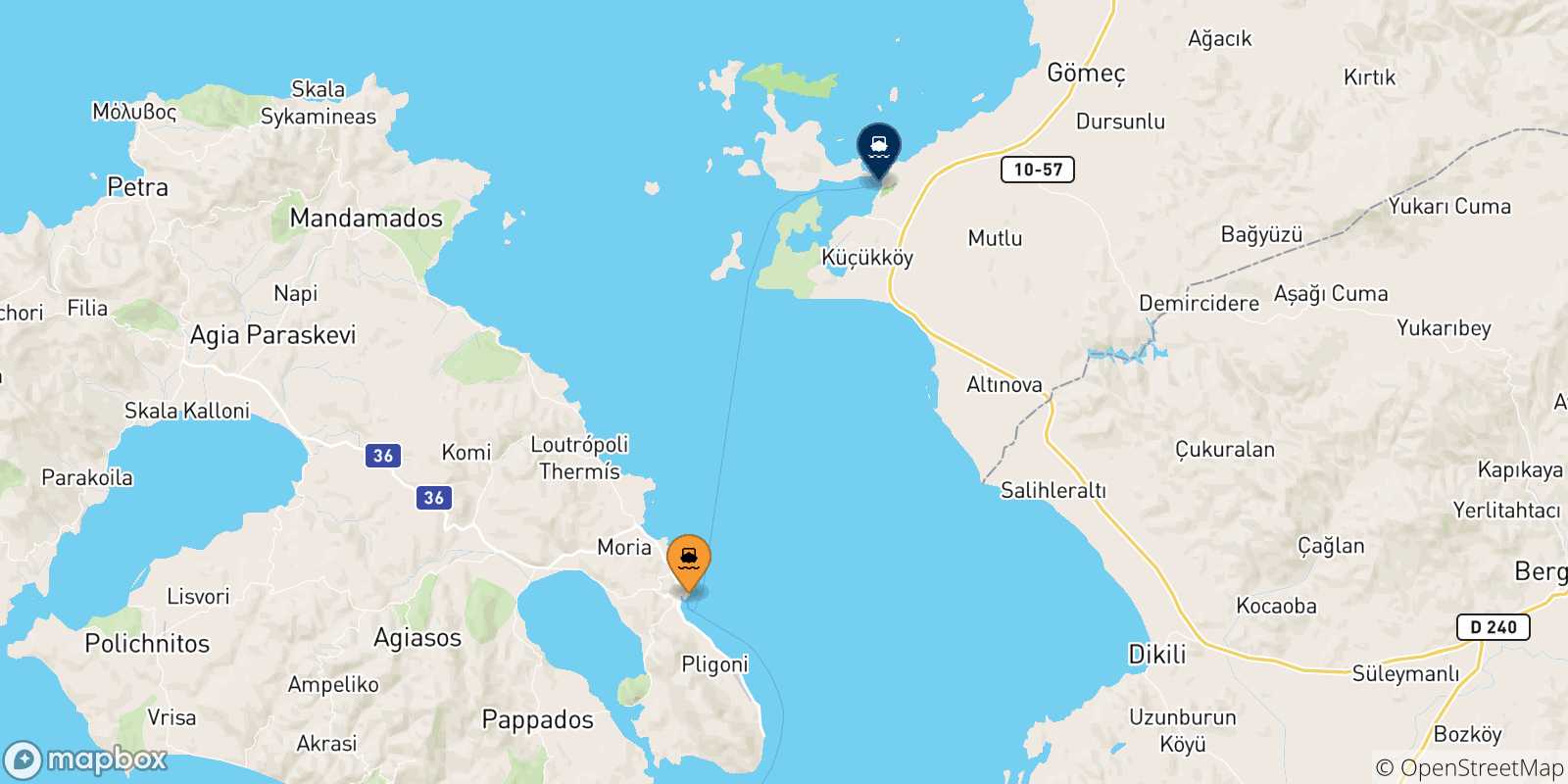 Carte des traversées possibles entre les Îles Égéennes et Ayvalik