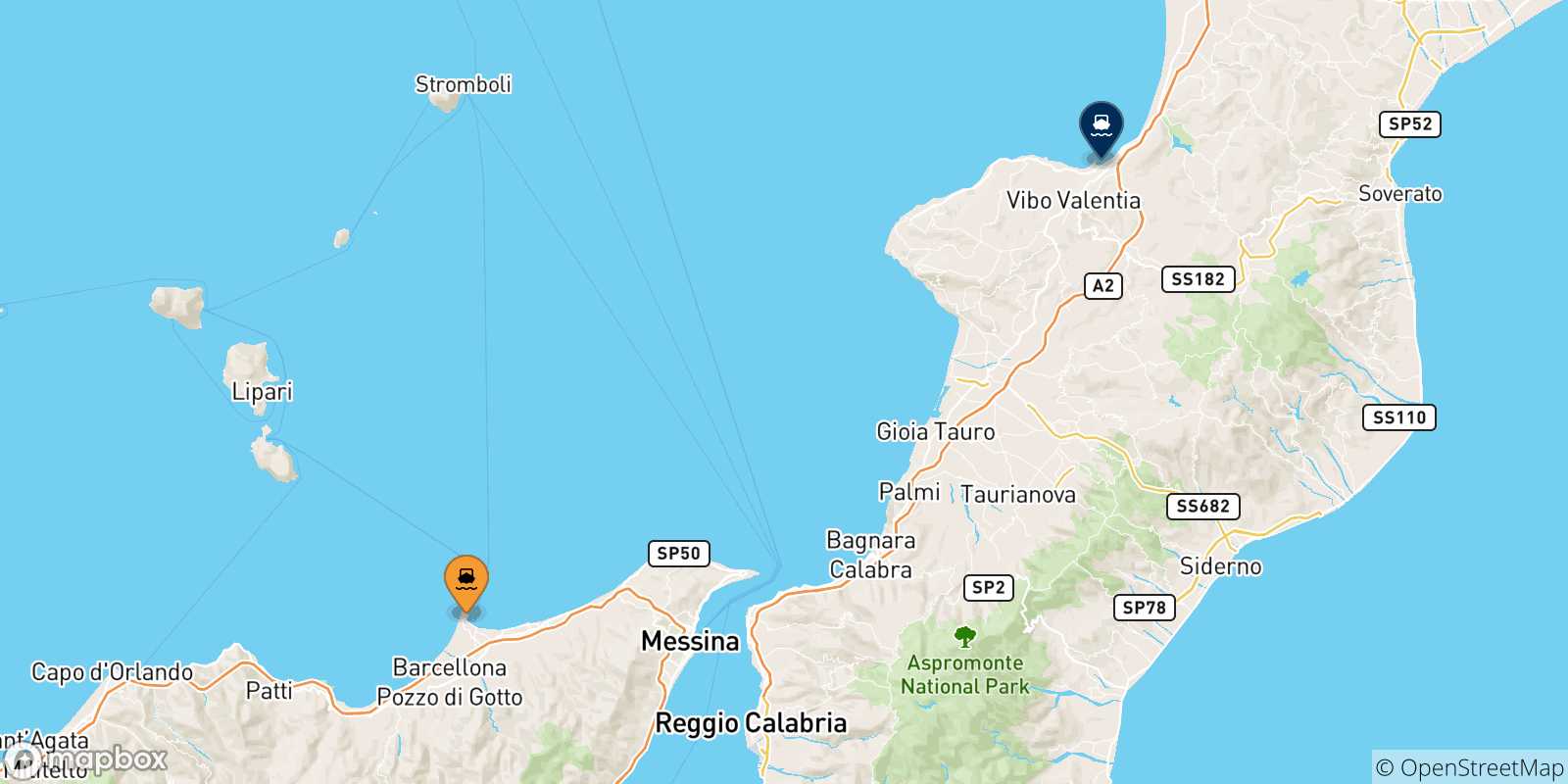 Carte des traversées possibles entre la Sicile et Vibo Valentia