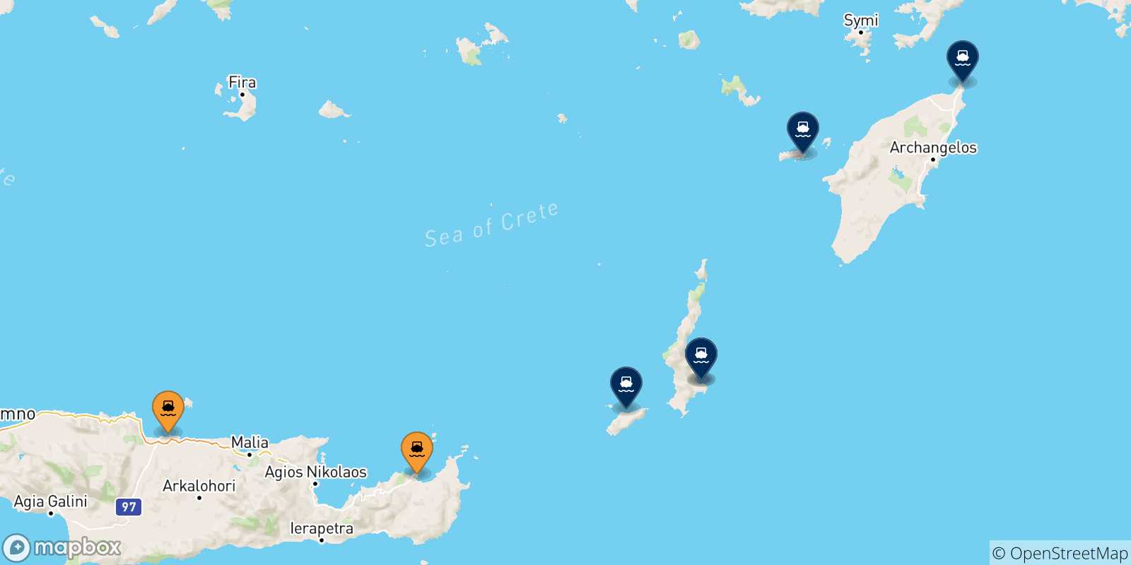 Carte des traversées possibles entre la Crète et Îles Du Dodécanèse