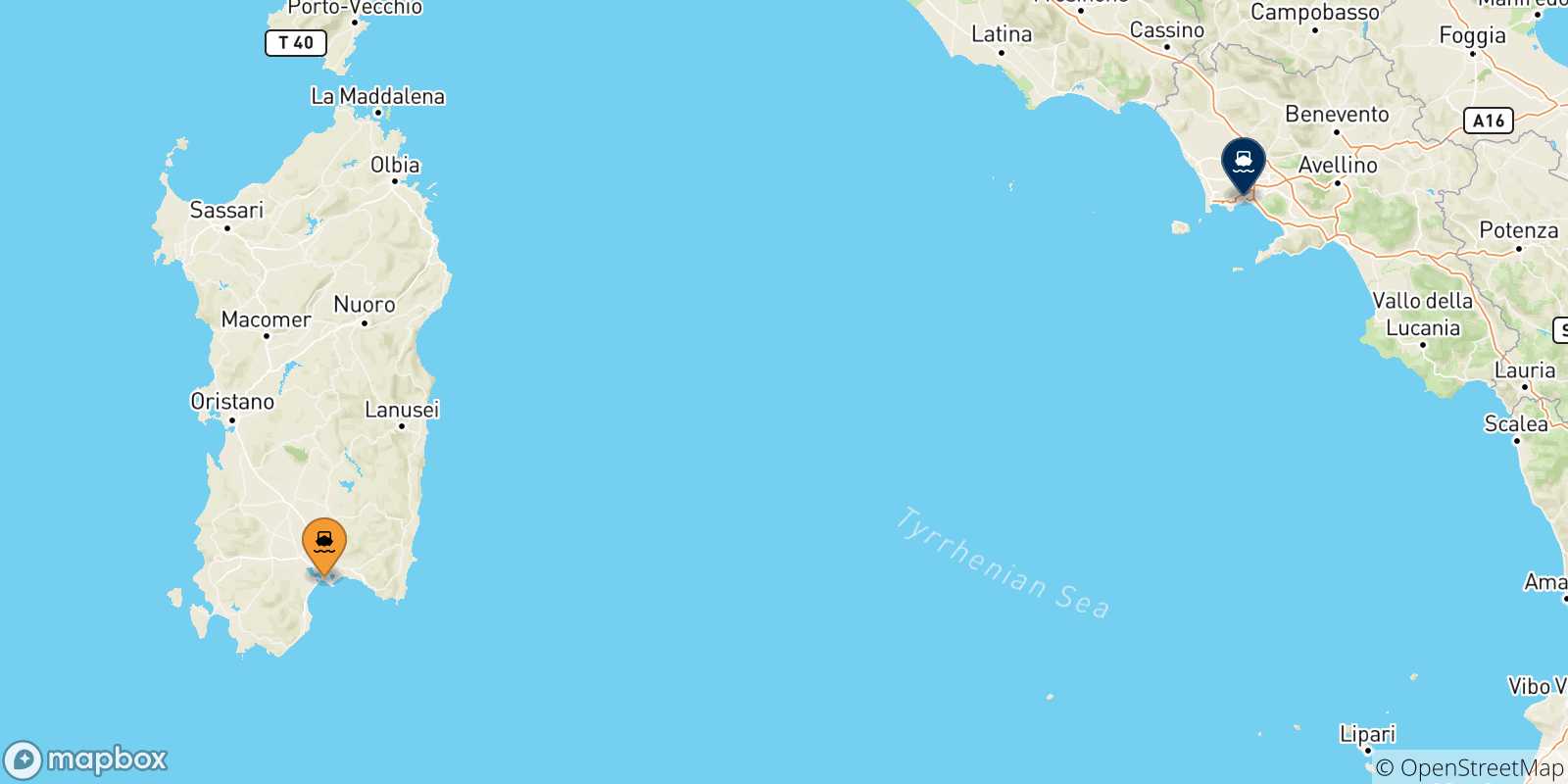 Carte des traversées possibles entre la Sardaigne et Naples