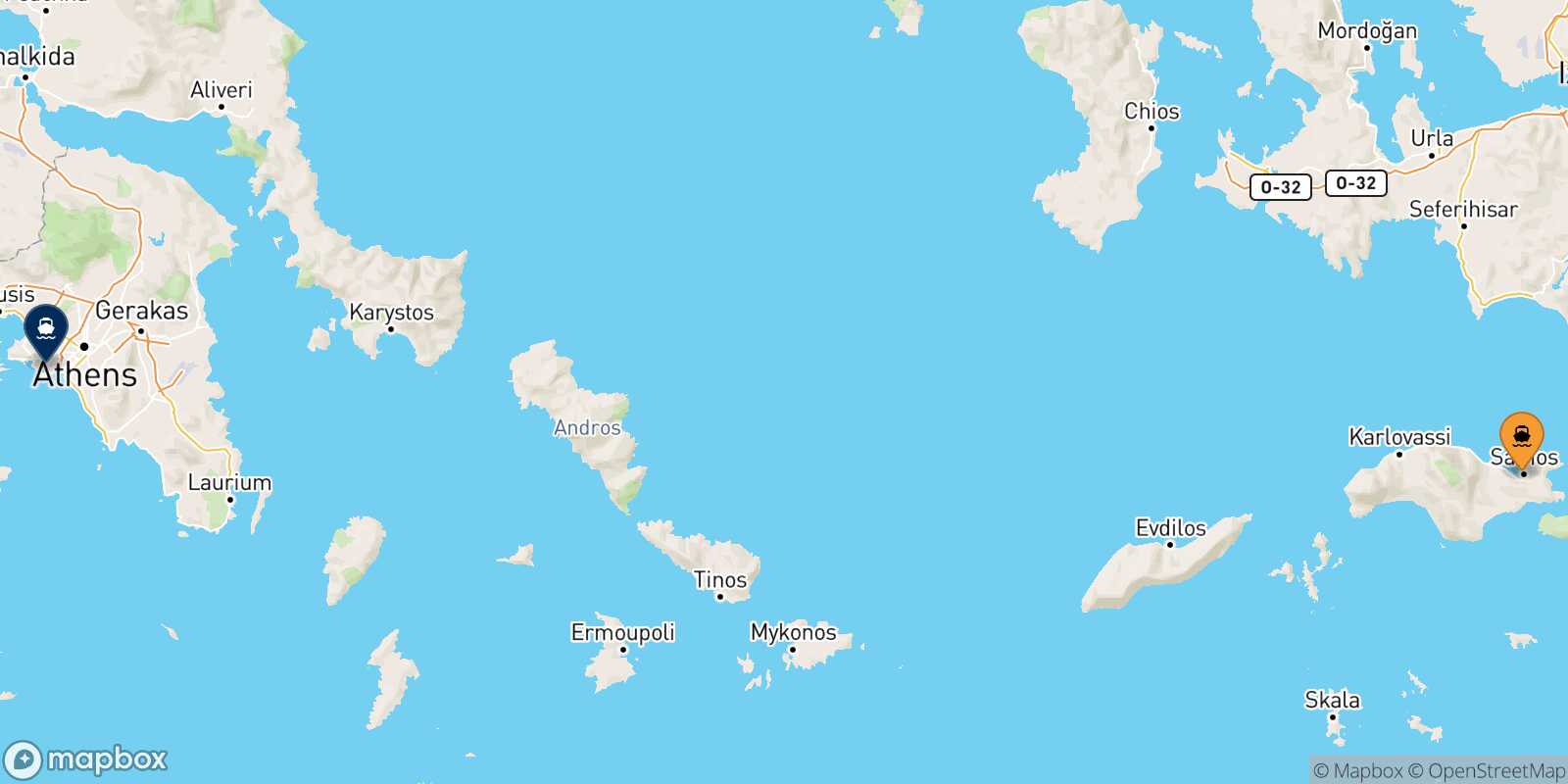 Carte des traverséesVathi (Samos) Le Piree