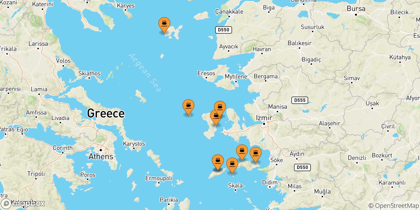 Carte des traversées possibles entre les Îles Égéennes et Mytilene (Lesvos)