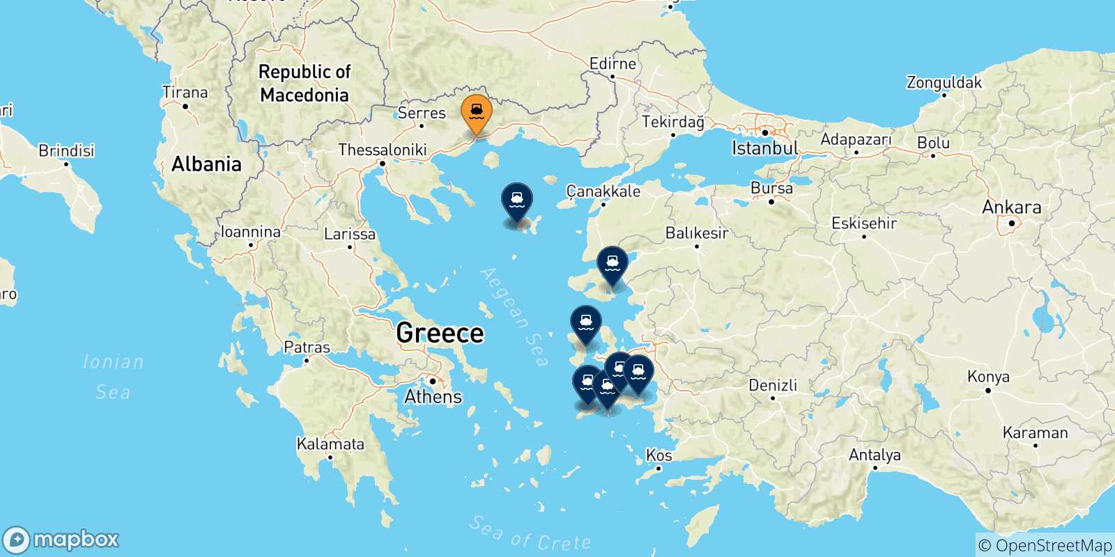 Carte des traversées possibles entre Kavala et les Îles Égéennes