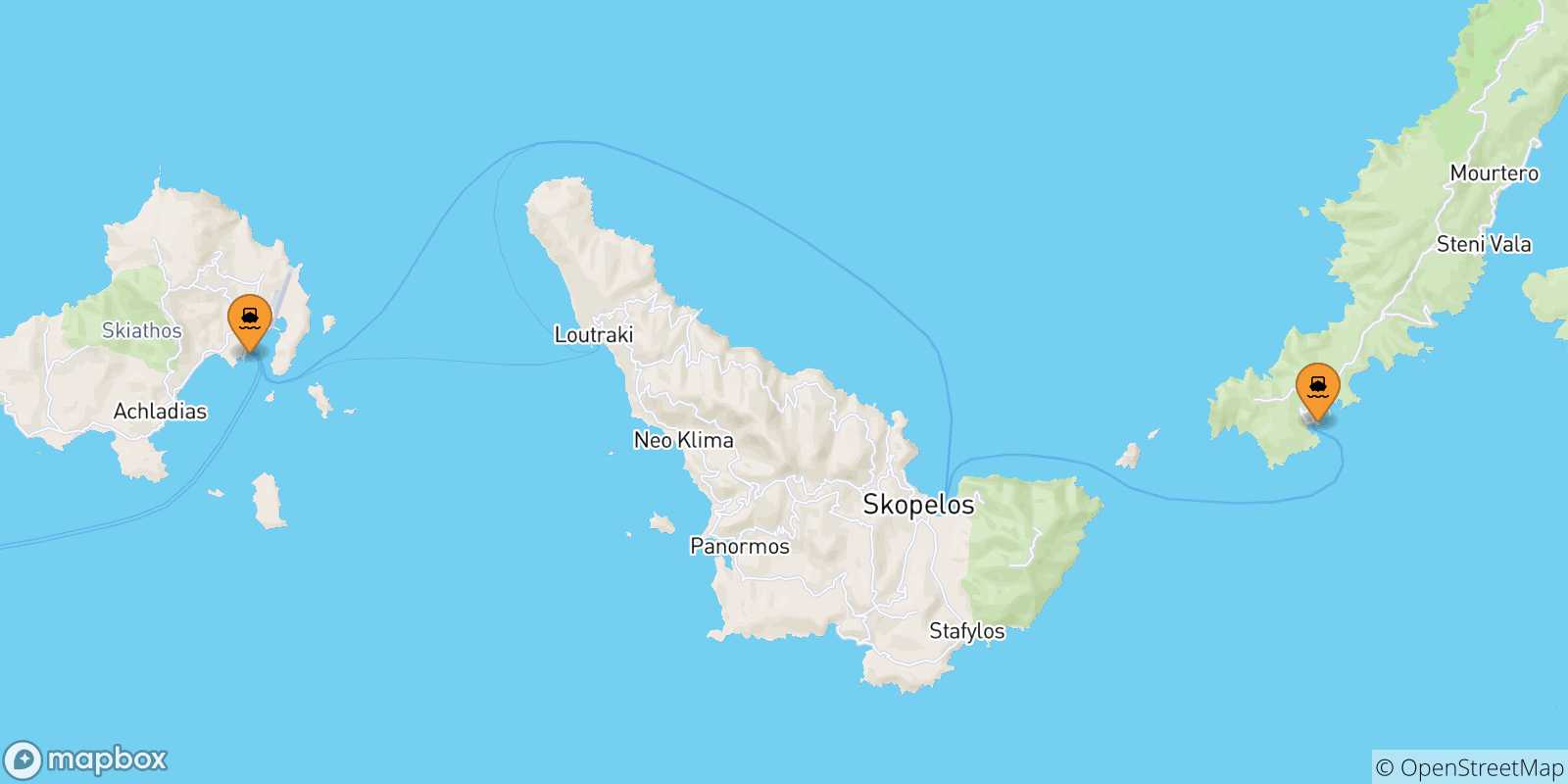 Carte des traversées possibles entre les Îles Sporades et Agnontas (Skopelos)