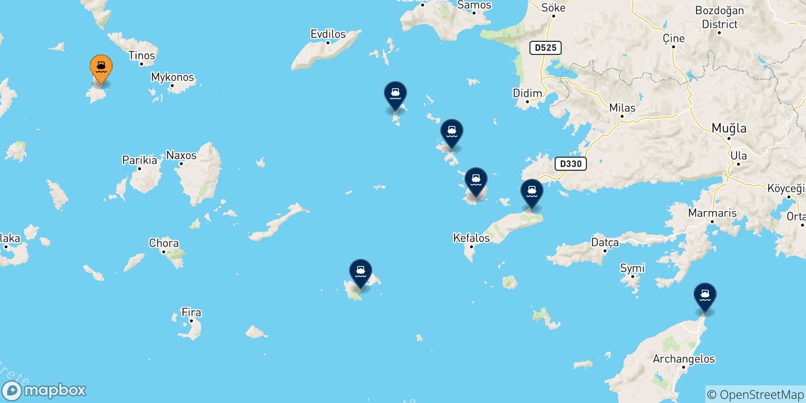 Carte des traversées possibles entre Syros et Îles Du Dodécanèse