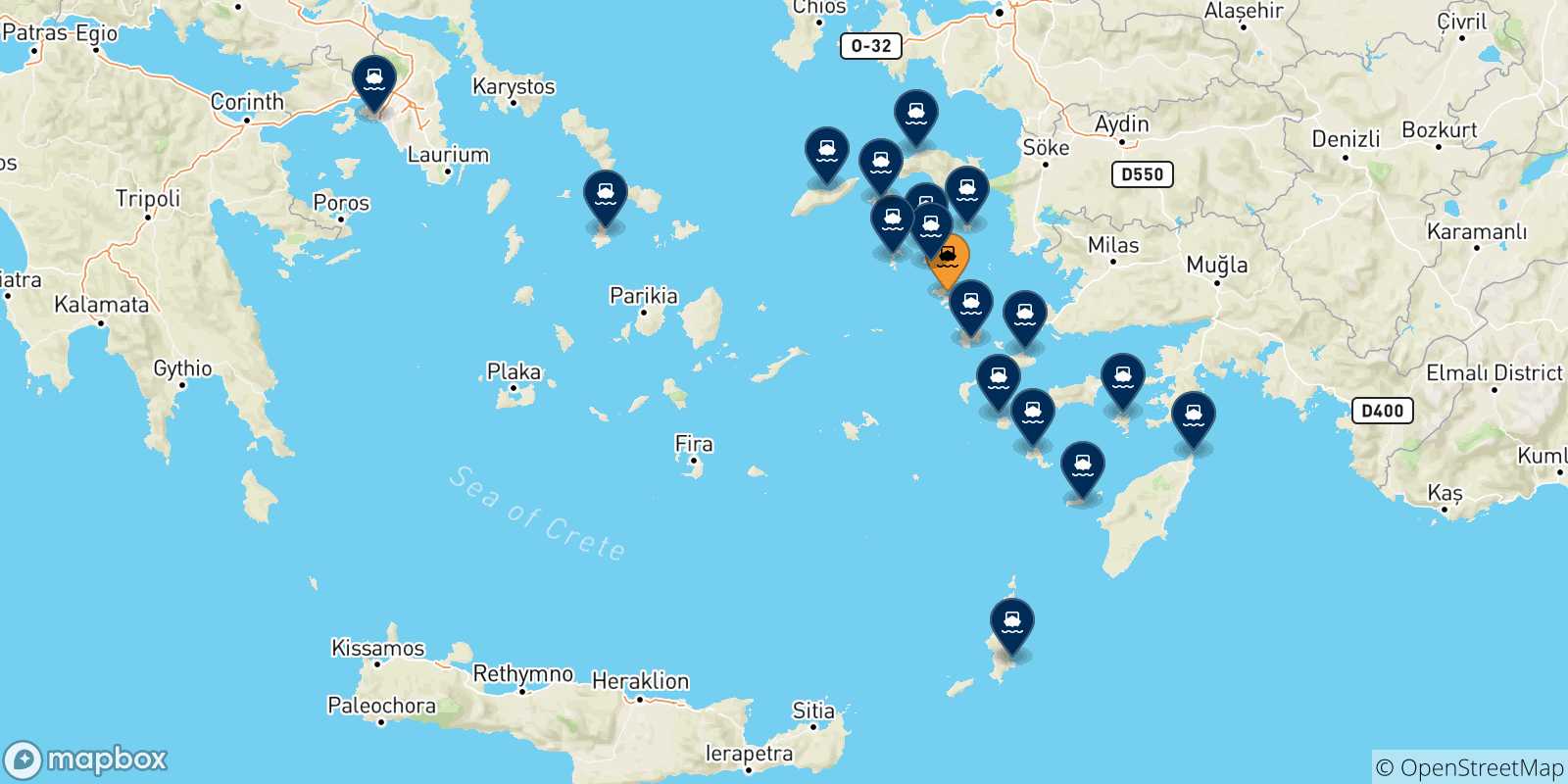 Carte des traversées possibles entre Leros et la Grèce