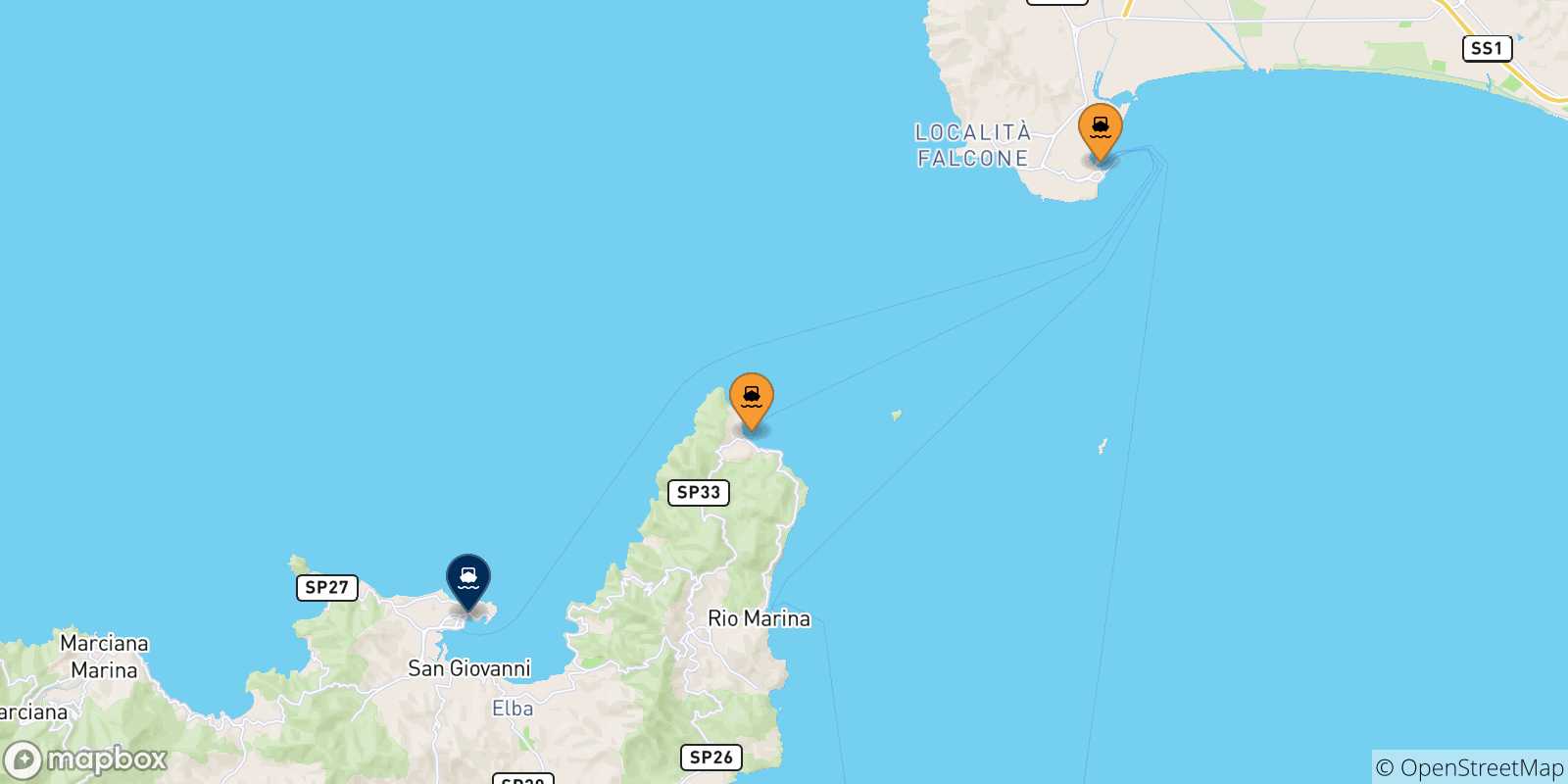 Carte des traversées possibles entre l'Italie et Portoferraio