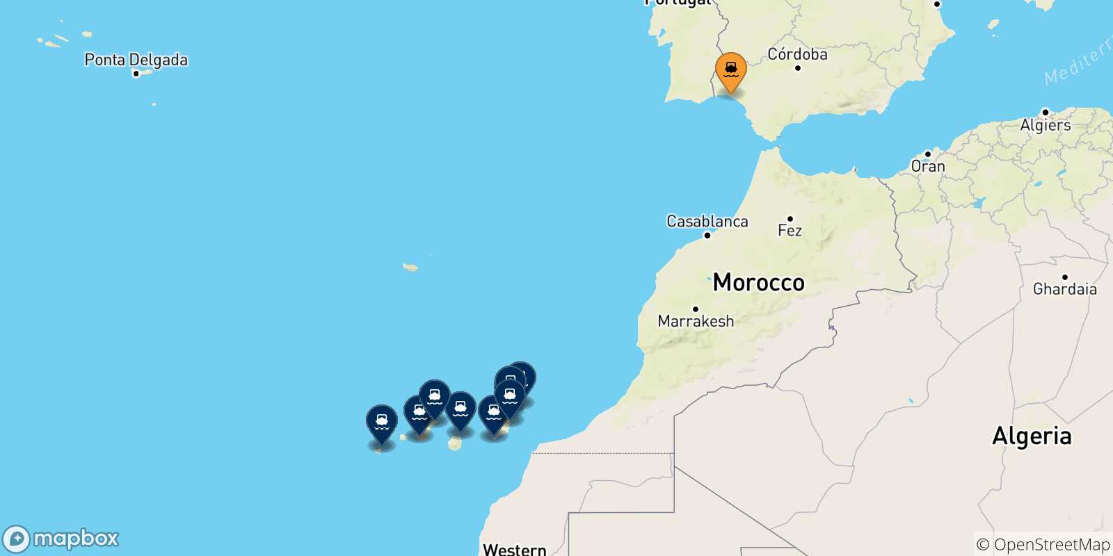 Carte des traversées possibles entre l'Espagne et les Îles Canaries