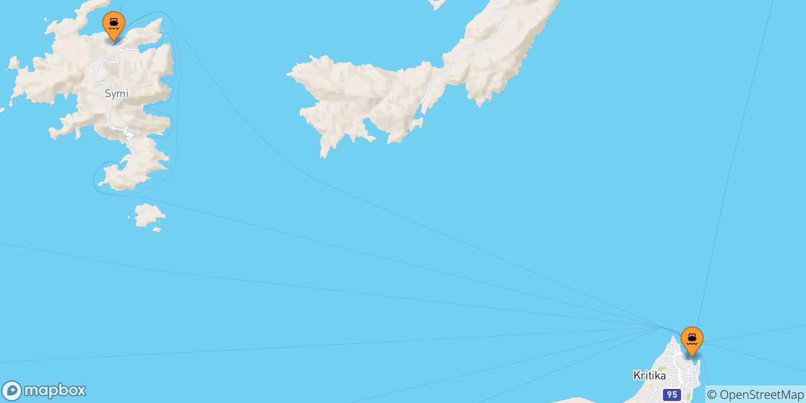 Carte des traversées possibles entre Îles Du Dodécanèse et Panormitis (Symi)