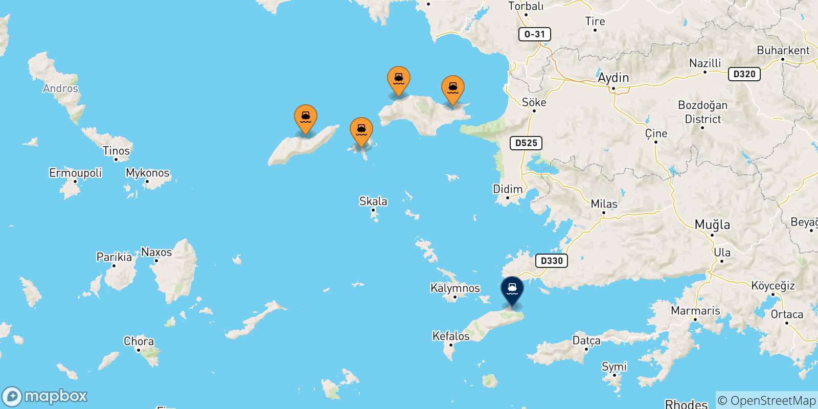 Carte des traversées possibles entre les Îles Égéennes et Kos
