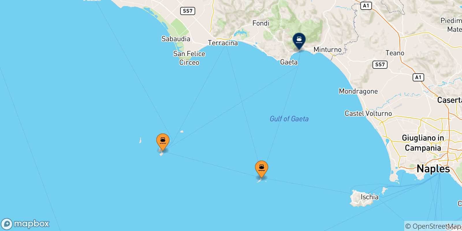 Carte des traversées possibles entre l'Italie et Formia