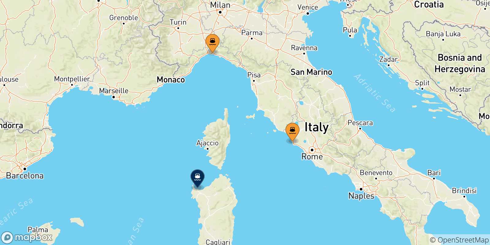 Carte des traversées possibles entre l'Italie et Porto Torres